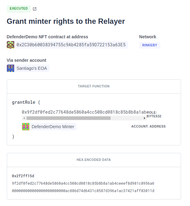 Smart contract interface showing Grant minter rights to the Relayer transaction on Rinkeby network with DefenderDemo NFT contract details.