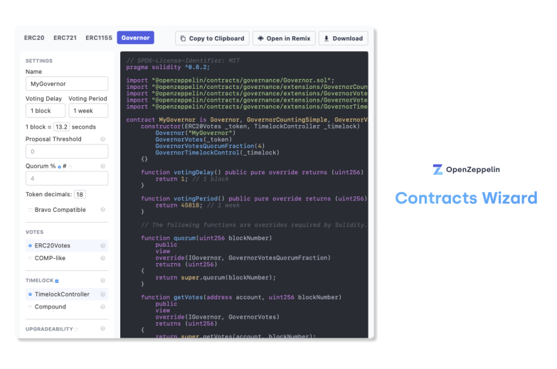 OpenZeppelin Contracts Wizard interface showing Solidity smart contract code with governance settings panel on the left side.