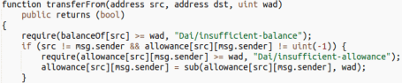 Code snippet showing a function called transferFrom with address parameters and require statements checking balance and allowance conditions.