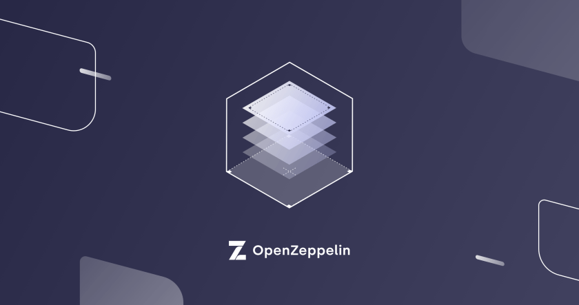 OpenZeppelin logo with layered hexagonal icon on dark blue background.