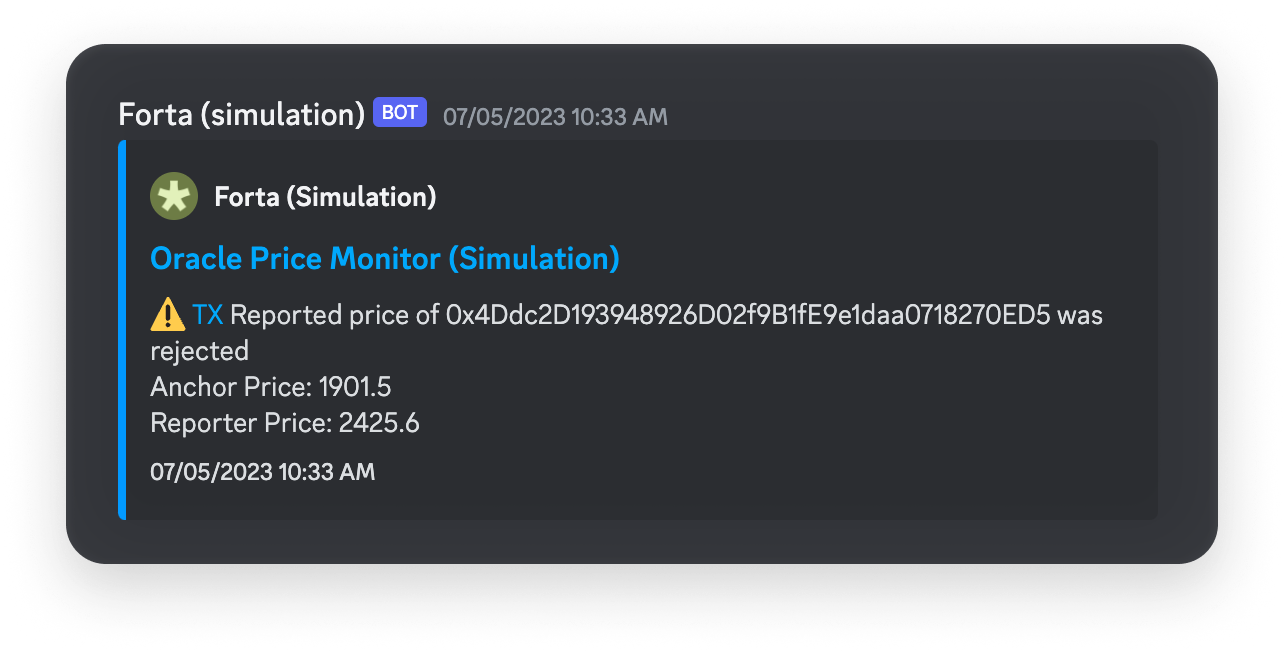 Bot notification showing Oracle Price Monitor rejecting a transaction due to price discrepancy between anchor and reporter values.