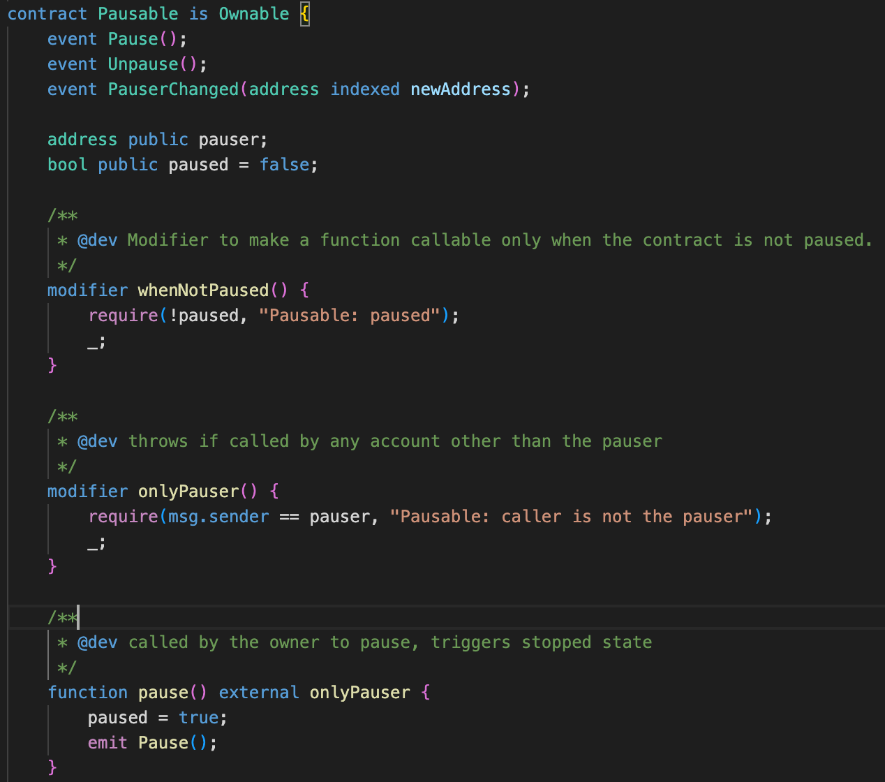 Solidity smart contract code showing a Pausable interface with events, modifiers, and pause function implementation.