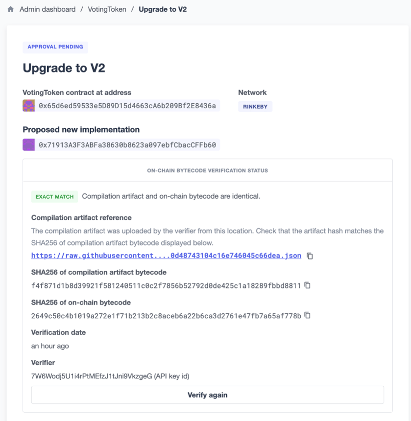 Admin dashboard page showing VotingToken contract upgrade to V2 with approval pending status and on-chain bytecode verification details.