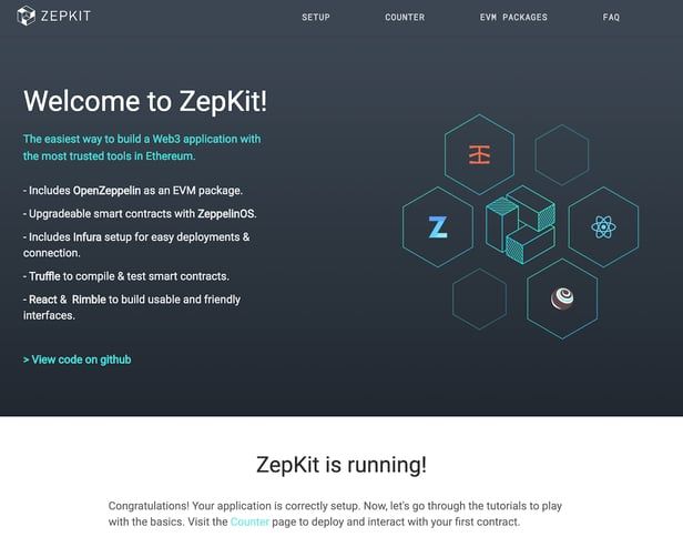 ZepKit welcome screen featuring the logo, feature list, and hexagonal icons representing Ethereum development tools.