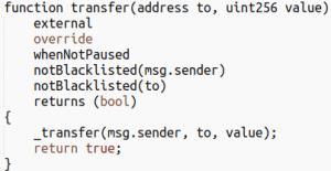 Solidity smart contract function showing token transfer with override and access control modifiers.