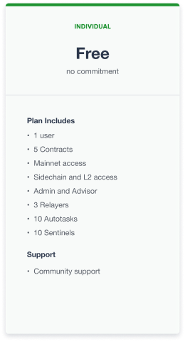 Individual Free plan pricing card showing features including 1 user, 5 contracts, mainnet access, and community support.
