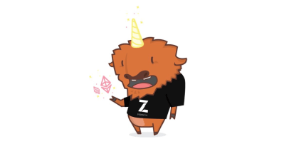 Cute brown cartoon character wearing a party hat and black shirt, waving with a friendly expression.
