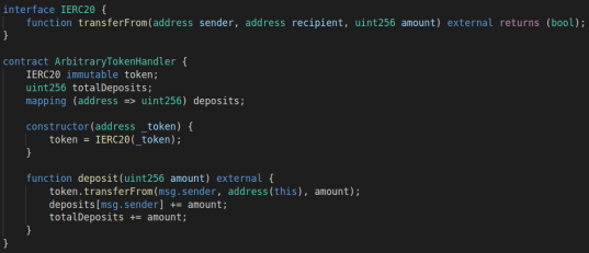 Solidity smart contract code showing IRC20 interface and ArbitraryTokenHandler contract implementation with transfer and deposit functions.