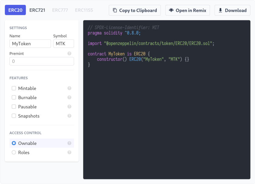 Smart contract code generator interface showing ERC20 token settings, features, and access control options with Solidity code preview.