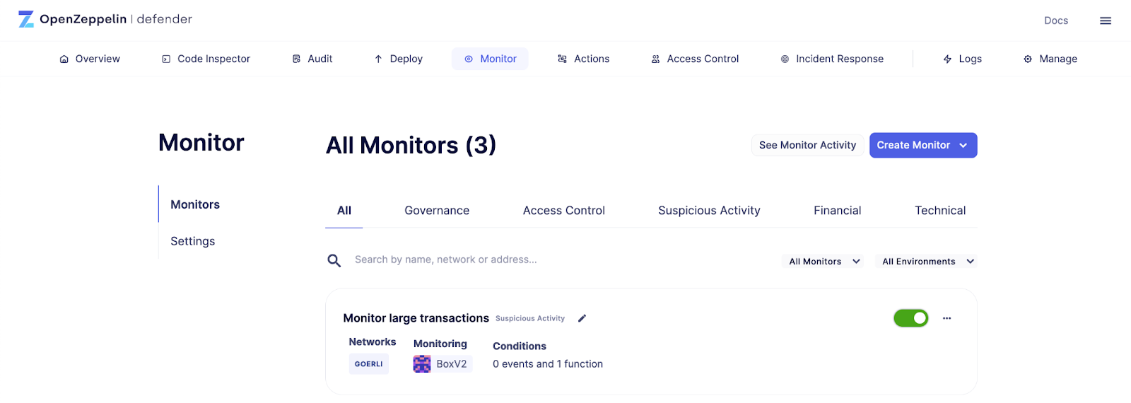OpenZeppelin Defender Monitor dashboard showing all monitors with tabs for governance, access control, suspicious activity, financial and technical monitoring categories.