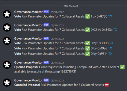 List of governance monitor notifications showing vote and proposal updates for collateral asset risk parameters from May 2022.