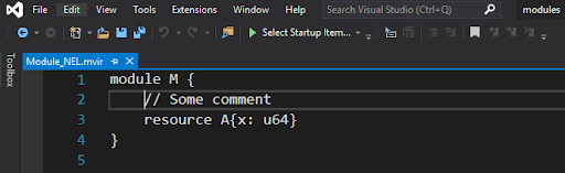 Visual Studio Code editor showing a Rust module with resource declaration and comment syntax.
