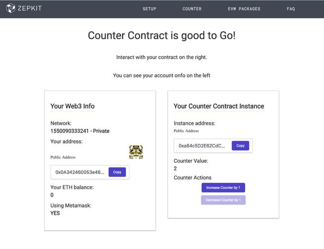 Zepkit dashboard showing deployed Counter Contract with Web3 account info on left and contract instance details on right.