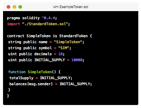 Solidity smart contract code for SimpleToken displaying pragma version, import statement, and token initialization parameters in a code editor window.