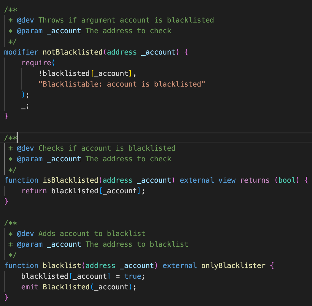 Solidity smart contract code showing functions to check, add, and manage blacklisted accounts.