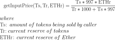 Mathematical formula for calculating input price with variables for token amount, reserve, and Ether reserve.