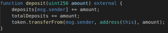 Solidity smart contract code showing a deposit function with external visibility and token transfer logic.