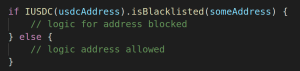 Code snippet showing a smart contract function checking if a USD Coin address is blacklisted with conditional logic.