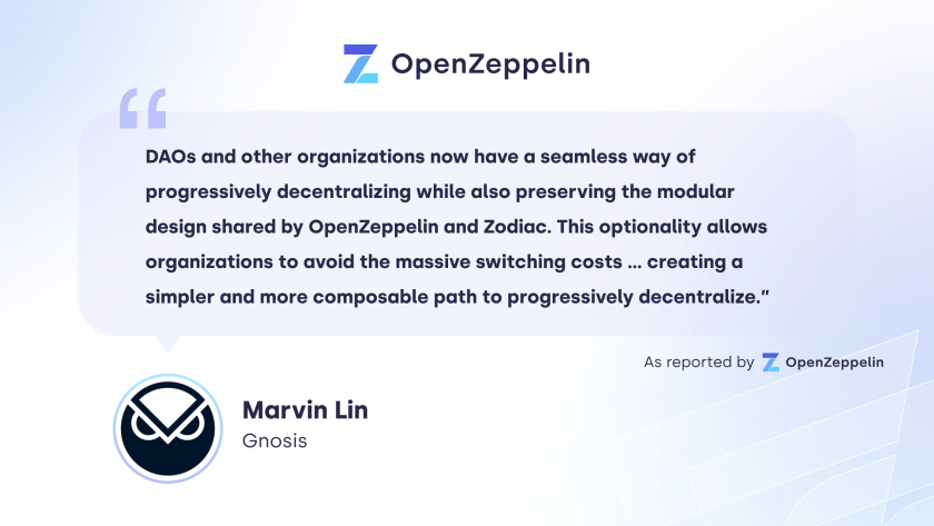 Testimonial quote from Marvin Lin at Gnosis praising OpenZeppelin's decentralization capabilities for DAOs and organizations.