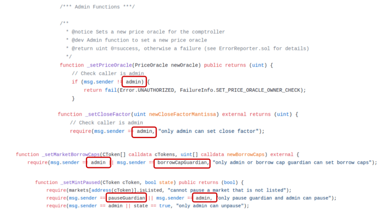 Solidity smart contract code showing admin functions with require statements highlighting role-based access controls.