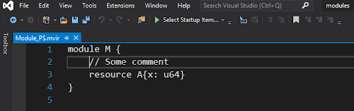 Visual Studio Code editor showing a TypeScript module file with syntax highlighting and code structure.