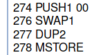 Code snippet showing assembly instructions with line numbers 274-278 including PUSH1, SWAP1, DUP2, and MSTORE commands.