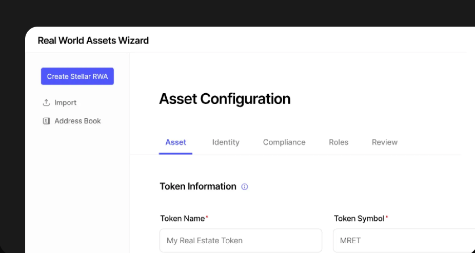 Real World Assets Wizard interface showing Asset Configuration tab with Token Information fields for token name and symbol.