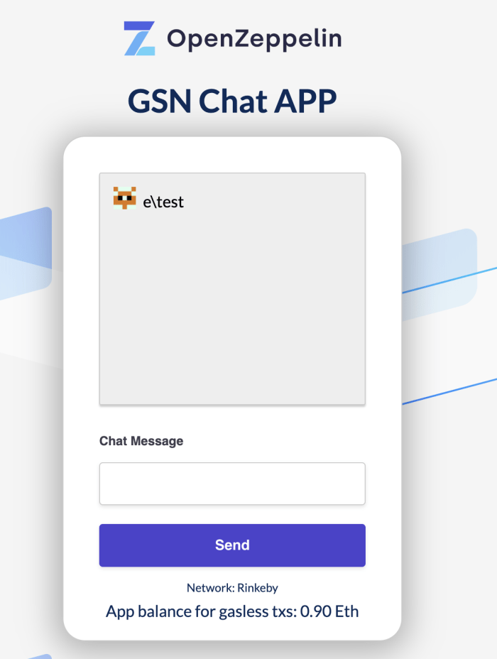 OpenZeppelin GSN Chat APP interface showing chat window with etest user, message input field, send button, and Rinkeby network balance display.