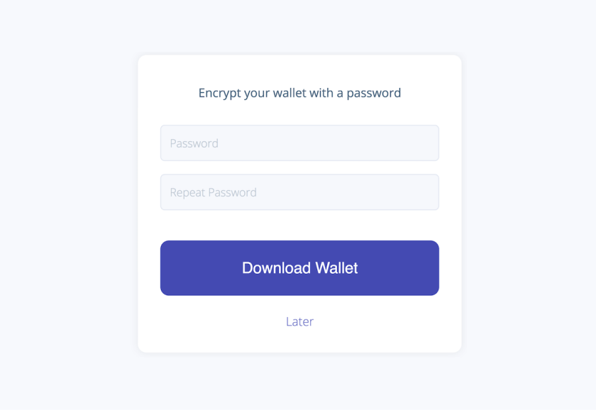 Wallet encryption dialog with password input fields and Download Wallet button