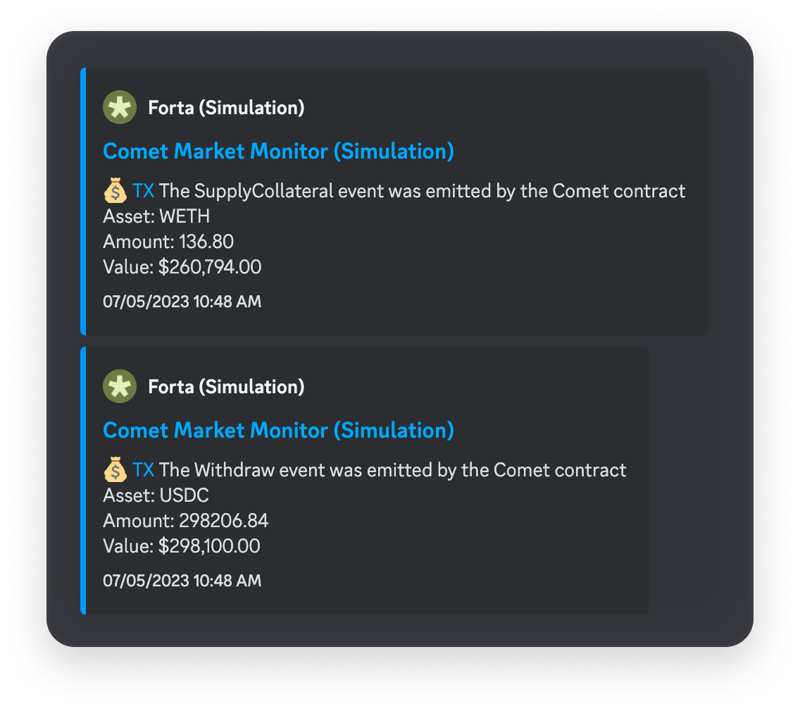 Comet Market Monitor simulation showing blockchain transaction logs with supply collateral and withdrawal events from Forta.