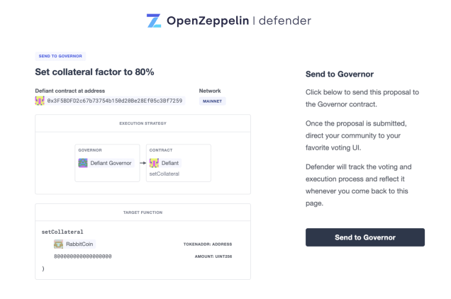 OpenZeppelin Defender interface showing collateral factor configuration at 60% with execution strategy diagram and Send to Governor button.