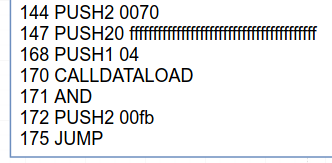 Assembly code listing showing PUSH, CALL, AND, and JUMP instructions with hexadecimal values.