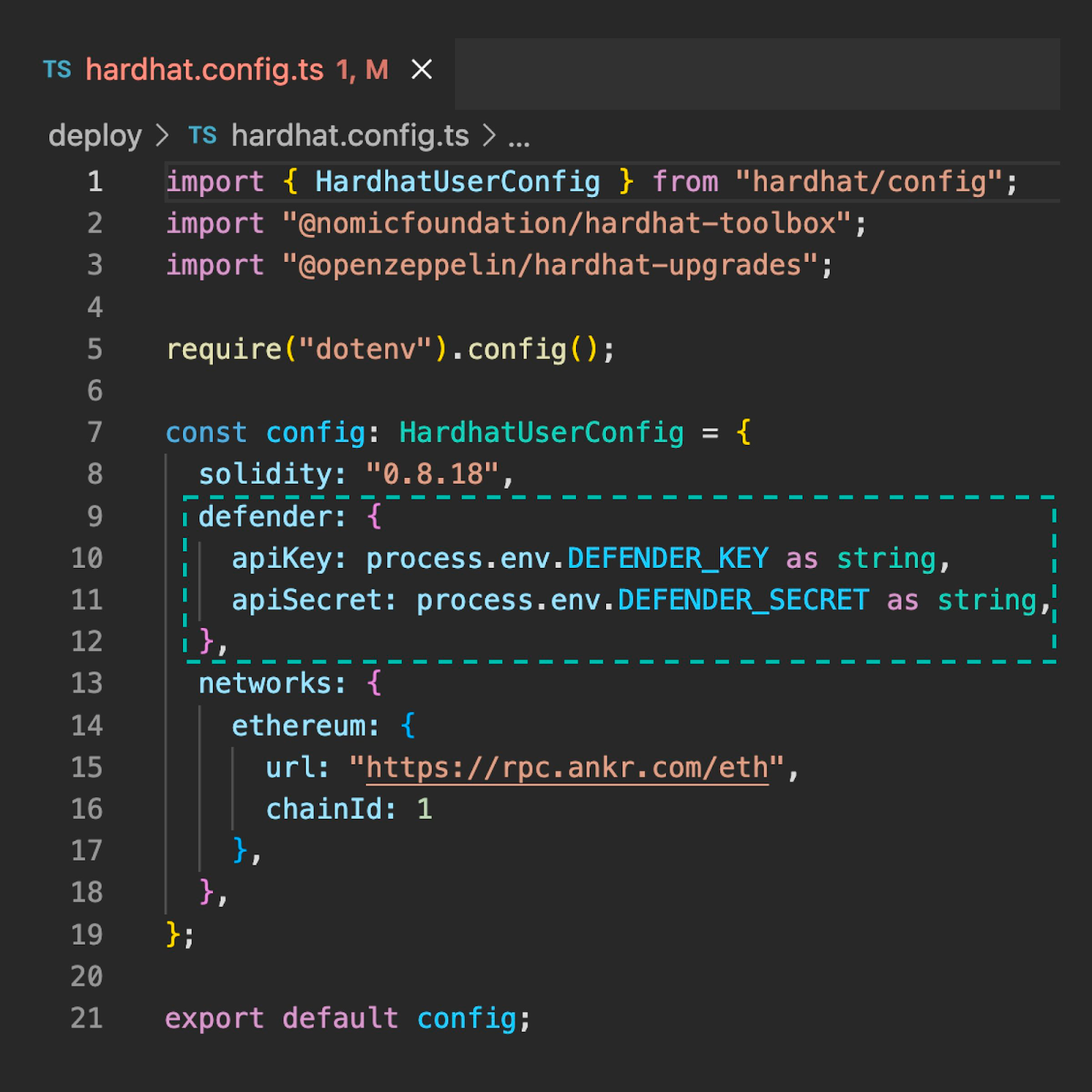 TypeScript configuration file showing Hardhat setup with imports, Solidity version, Defender credentials, and Ethereum network settings.