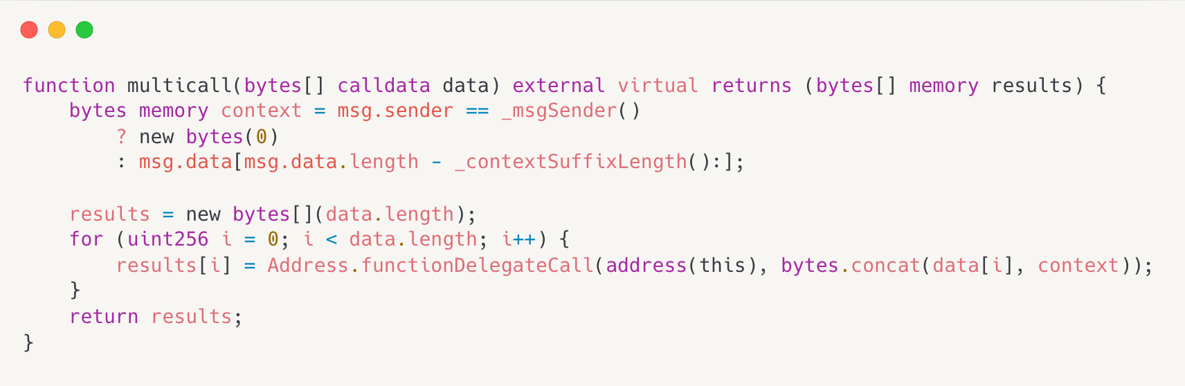 Solidity smart contract code showing a multicall function with syntax highlighting in a code editor interface.