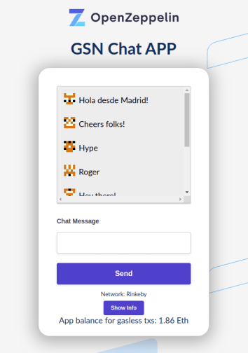 OpenZeppelin GSN Chat APP interface showing message list with user names and a text input field with Send button.