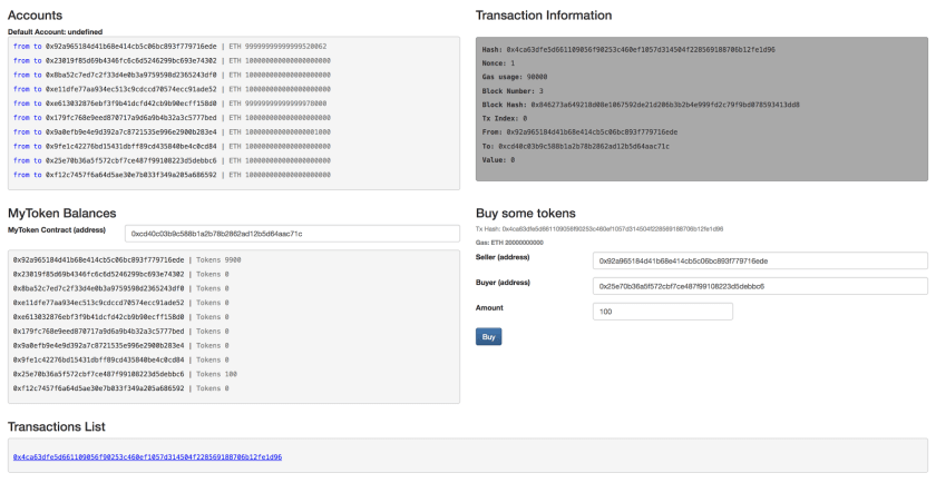 Cryptocurrency wallet interface showing accounts, transaction details, token balances, and buy options with blockchain addresses and transaction hashes.
