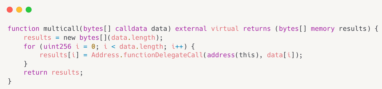 Solidity smart contract code showing a multicall function with syntax highlighting in purple, pink, and gray tones.