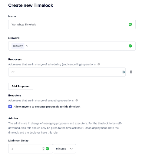 Form for creating a new timelock with fields for name, network, proposers, executors, admins, and minimum delay settings.