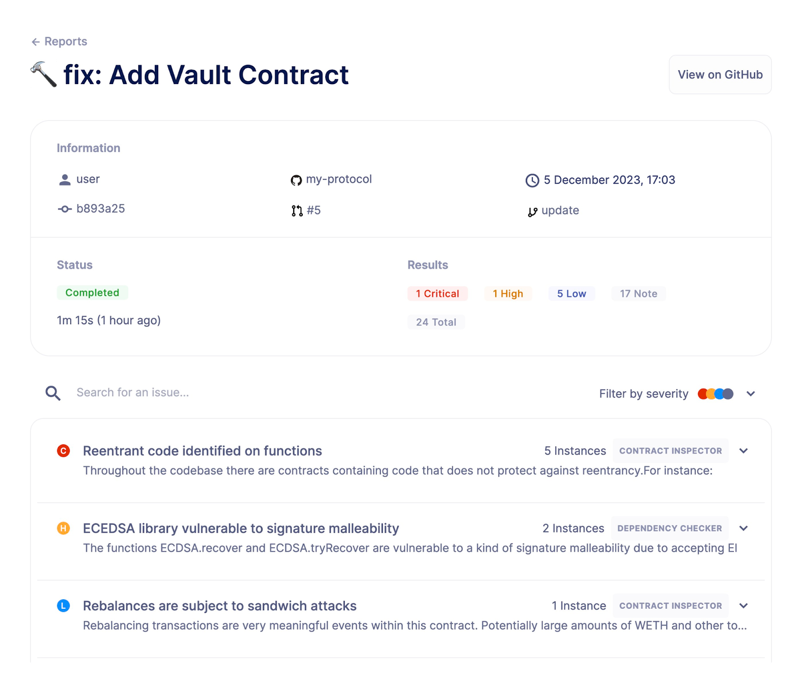 Security audit report for "Add Vault Contract" showing completed analysis with 1 critical, 1 high, and 5 low severity issues found.