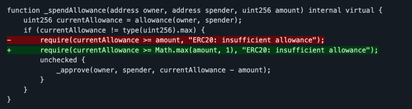 Solidity smart contract code showing a spendAllowance function with error handling for insufficient allowance.