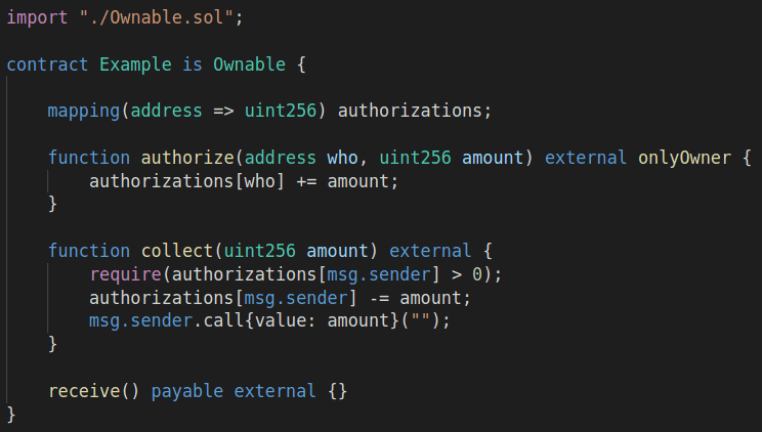 Solidity smart contract code showing an Example contract inheriting from Ownable with authorization mapping and functions for authorization, collection, and payment.