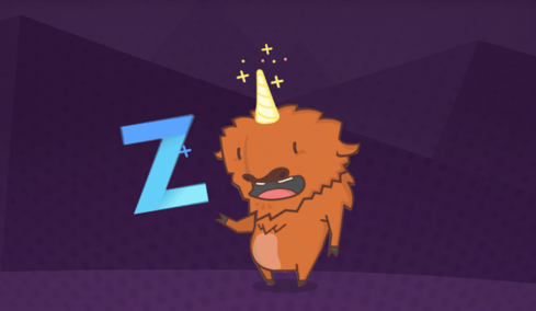 Cartoon brown creature with spiky fur wearing a party hat, standing next to a large blue letter Z on purple background.