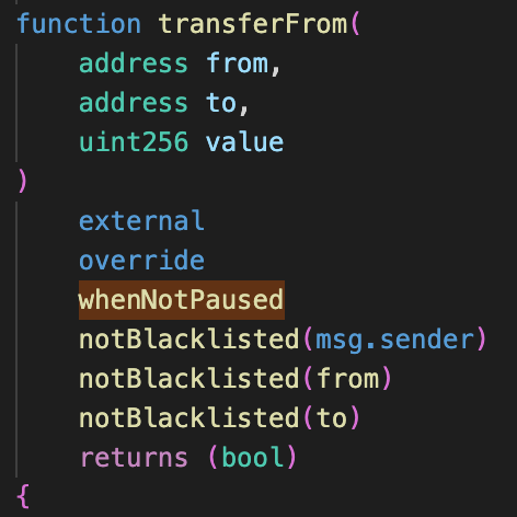 Solidity smart contract code showing a transferFrom function with address parameters and modifier conditions.