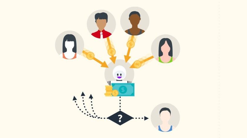 Robot at center distributing money to diverse people avatars with question mark showing decision-making process.