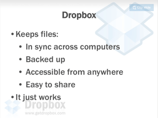 Dropbox feature list showing file syncing, backup, accessibility, and sharing benefits with branded logo icon.
