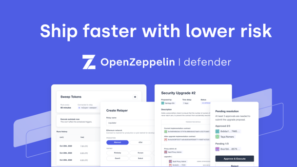 OpenZeppelin Defender interface showing token management and security upgrade features on a blue background.