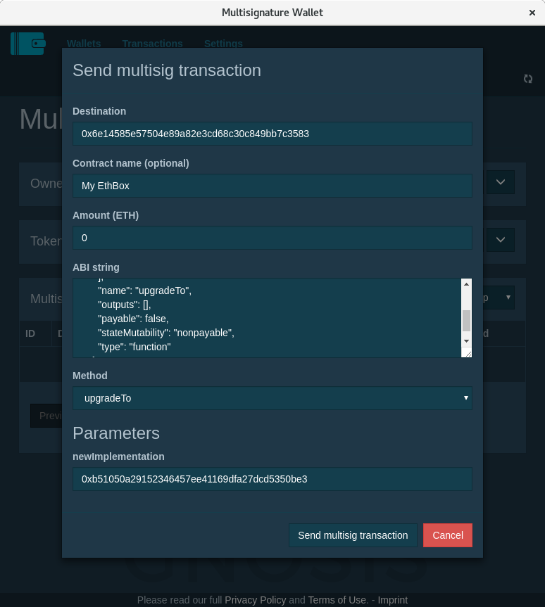 Multisignature Wallet dialog for sending a transaction with fields for destination address, contract name, ETH amount, ABI string, method, and parameters.