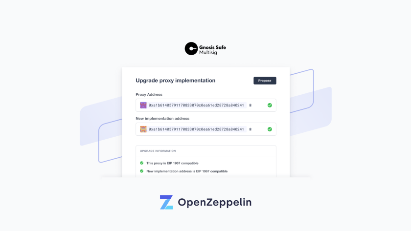 Gnosis Safe interface showing upgrade proxy implementation dialog with proxy addresses and EIP-1967 compatibility confirmation, powered by OpenZeppelin.