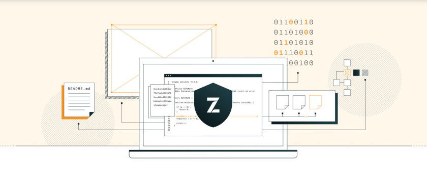 Wireframe diagram showing a shield with "Z" logo connected to various UI elements including README card, binary code, and website layouts representing security architecture.